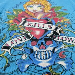 Vintage Ed Hardy Love Kills Slowly Thermal Long Sleeve Tee Y2K Blue Made in USA